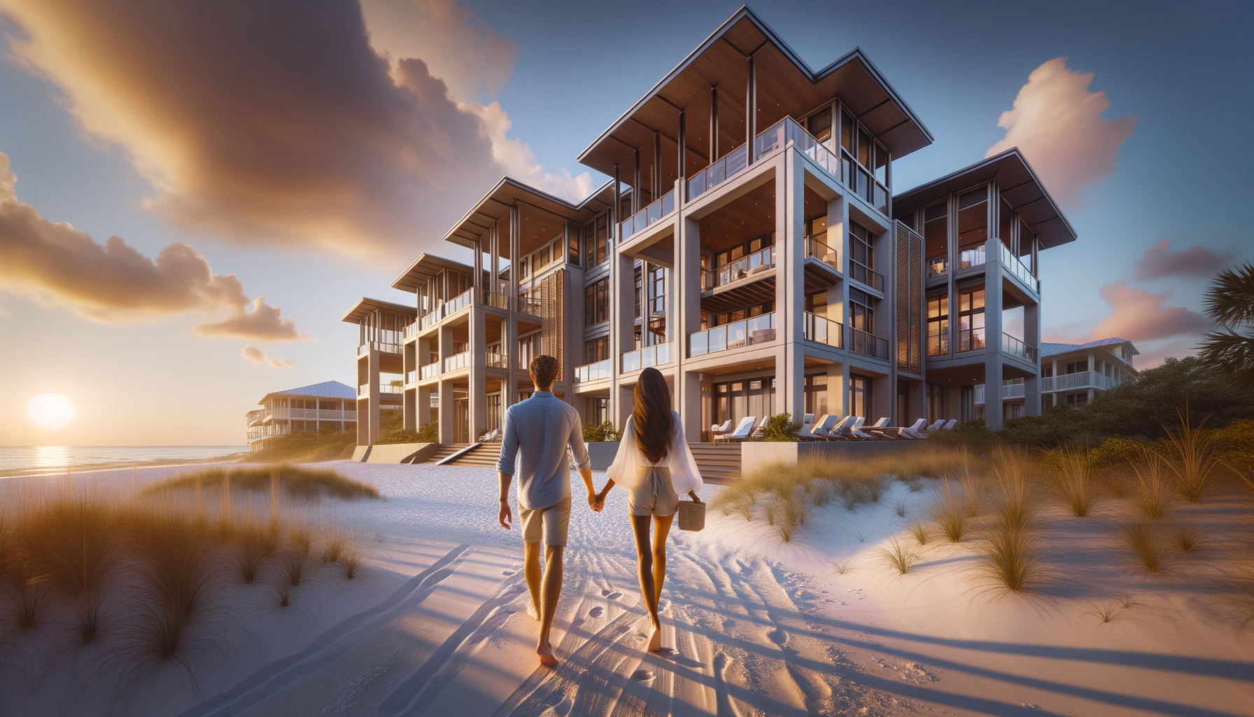 a couple, walking in front of a beautiful beach condo